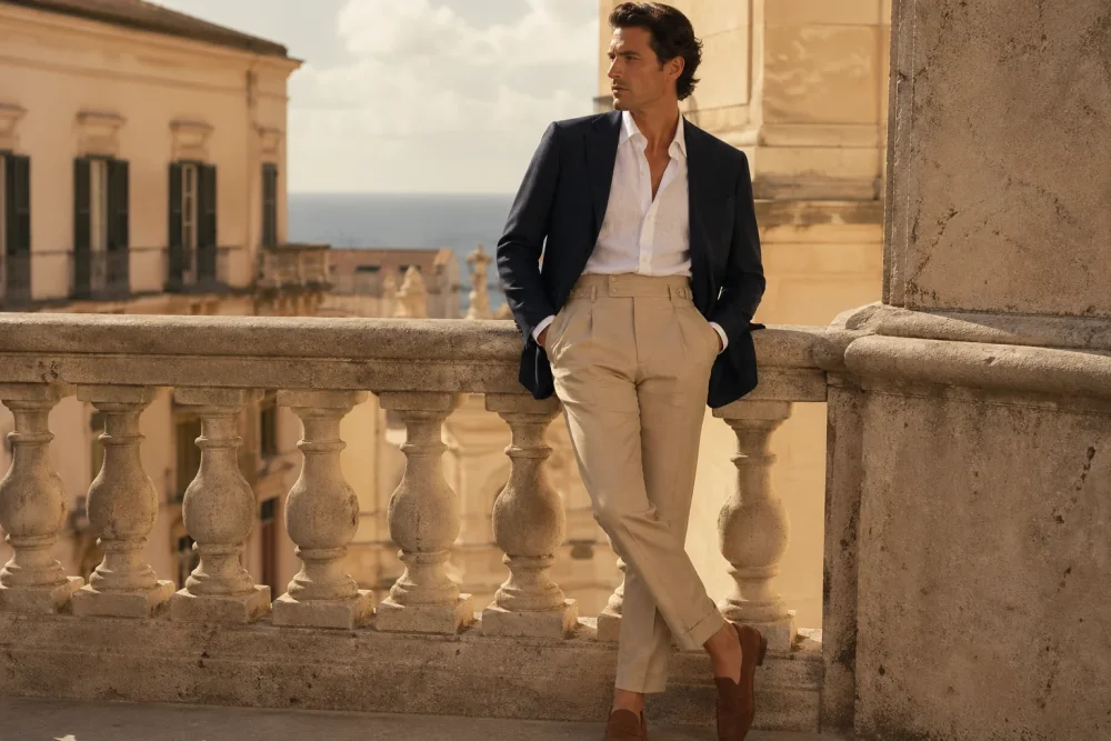 Summer outfit with Gurkha trousers, linen shirt and loafers