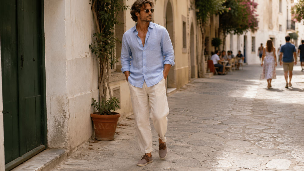 Muž v letním outfitu s espadrilles na středomořské ulici