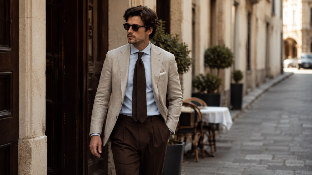 Man wearing a jacket, trousers and shirt on a city street