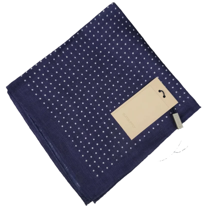 Suitsupply Linen Pocket Square – Navy with Polka Dots