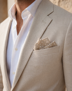 Suitsupply Linen Pocket Square – Beige with White Polka Dots