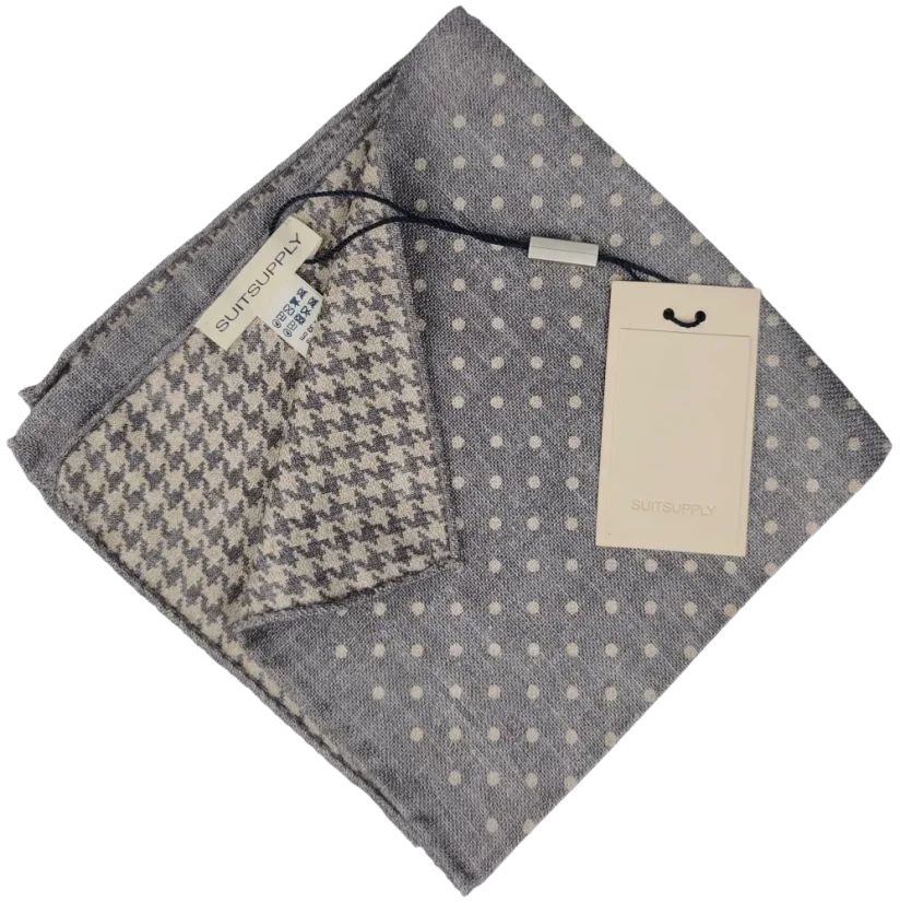 Suitsupply Double-Sided Silk Pocket Square – Grey Polka Dot / Houndstooth