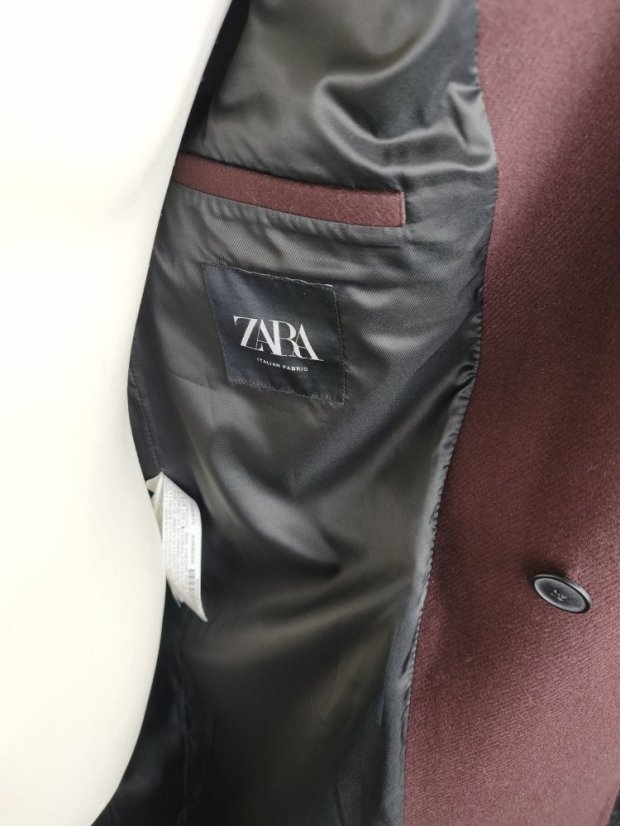 Kabát ZARA | Vlněná směs, Vínová/Bordó Vel. M/L