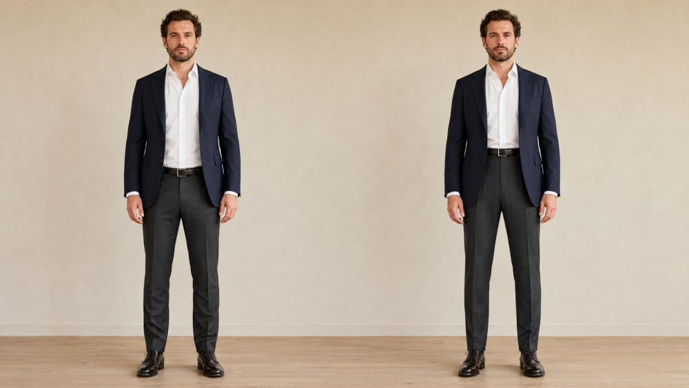 Comparison of men's low-rise and high-waisted trousers
