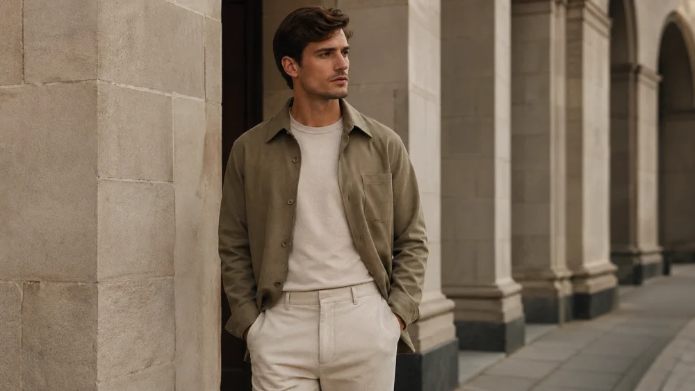 Pánský overshirt nošený přes tričko jako lehká svrchní vrstva