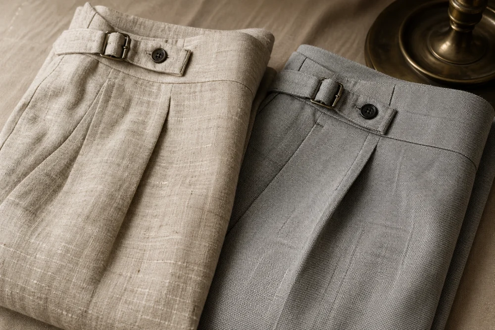 Detail of linen and fresco wool for summer Gurkha trousers