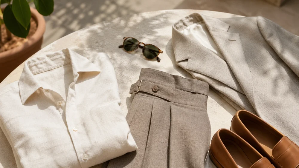 Detail of a linen shirt, Fresco wool trousers and a lightweight summer jacket