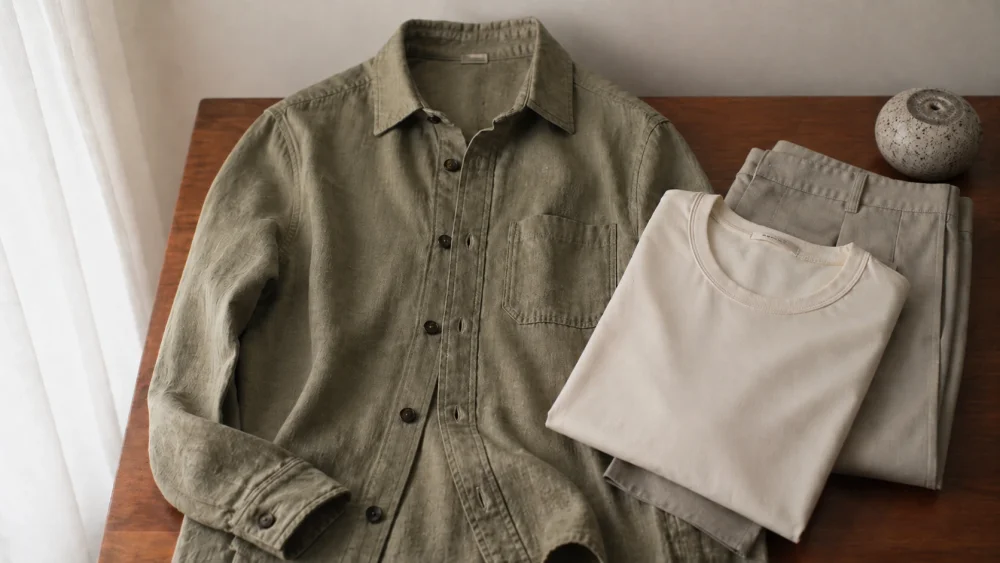 Detail pánského overshirtu s náprsními kapsami a strukturovaným materiálem