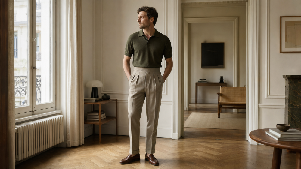 Men's high-waisted trousers worn with a knitted polo shirt